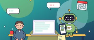 Мужчина с чашкой чая общается с зелёным роботом-помощником через смартфон и ноутбук, рядом документы, календарь и облачка диалога