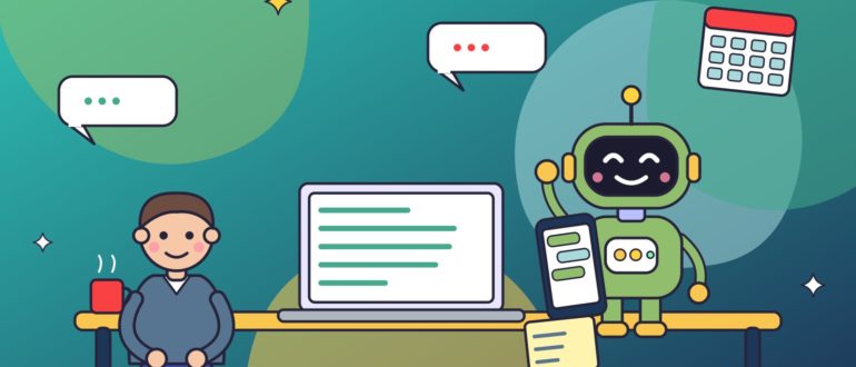 Мужчина с чашкой чая общается с зелёным роботом-помощником через смартфон и ноутбук, рядом документы, календарь и облачка диалога