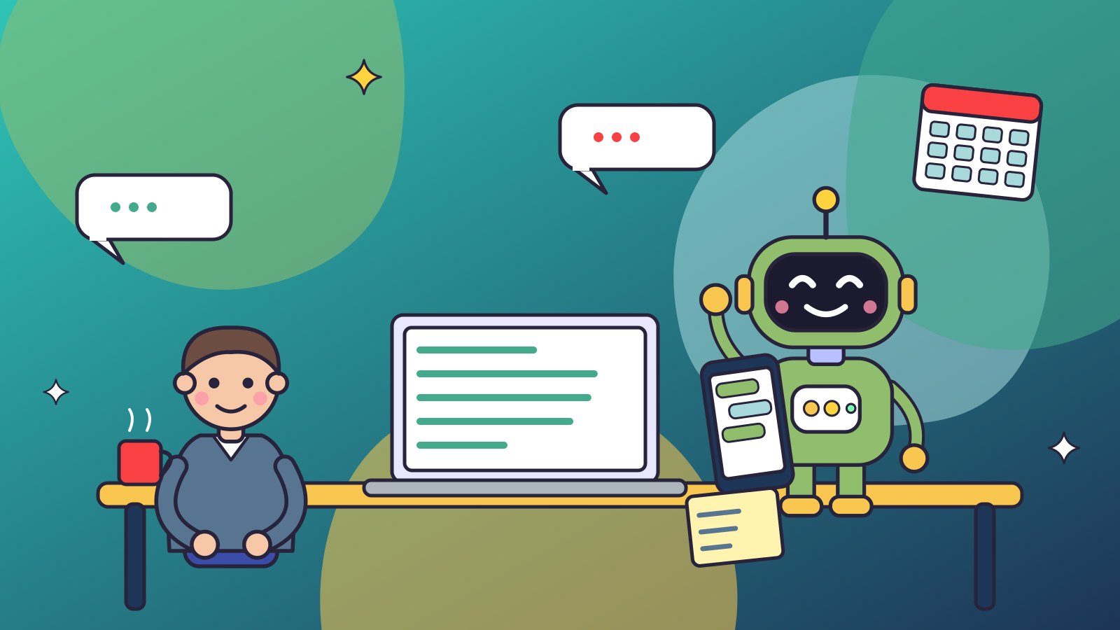 Мужчина с чашкой чая общается с зелёным роботом-помощником через смартфон и ноутбук, рядом документы, календарь и облачка диалога