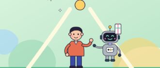 Человек и серый робот машут под жёлтым треугольником и солнцем; у робота значок «+»