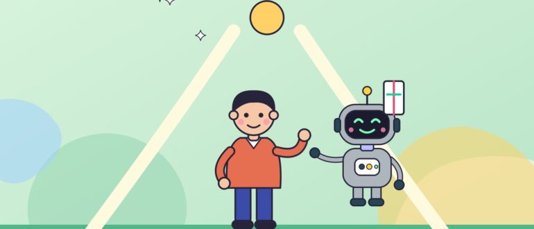Человек и серый робот машут под жёлтым треугольником и солнцем; у робота значок «+»